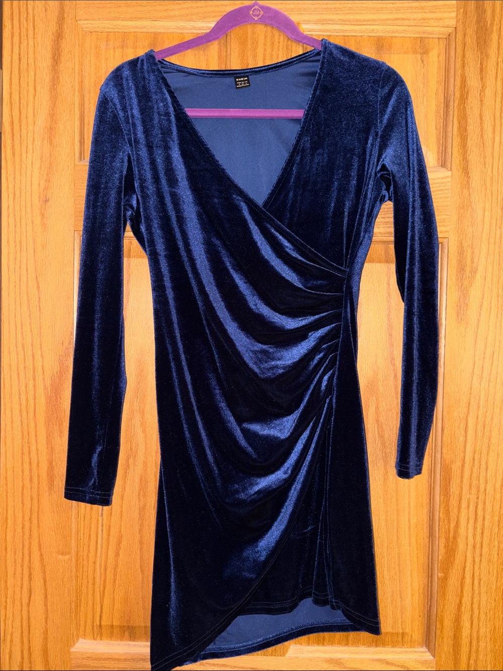 SHEIN Navy Blue Velvet Faux-Wrap Long Sleeve Dress